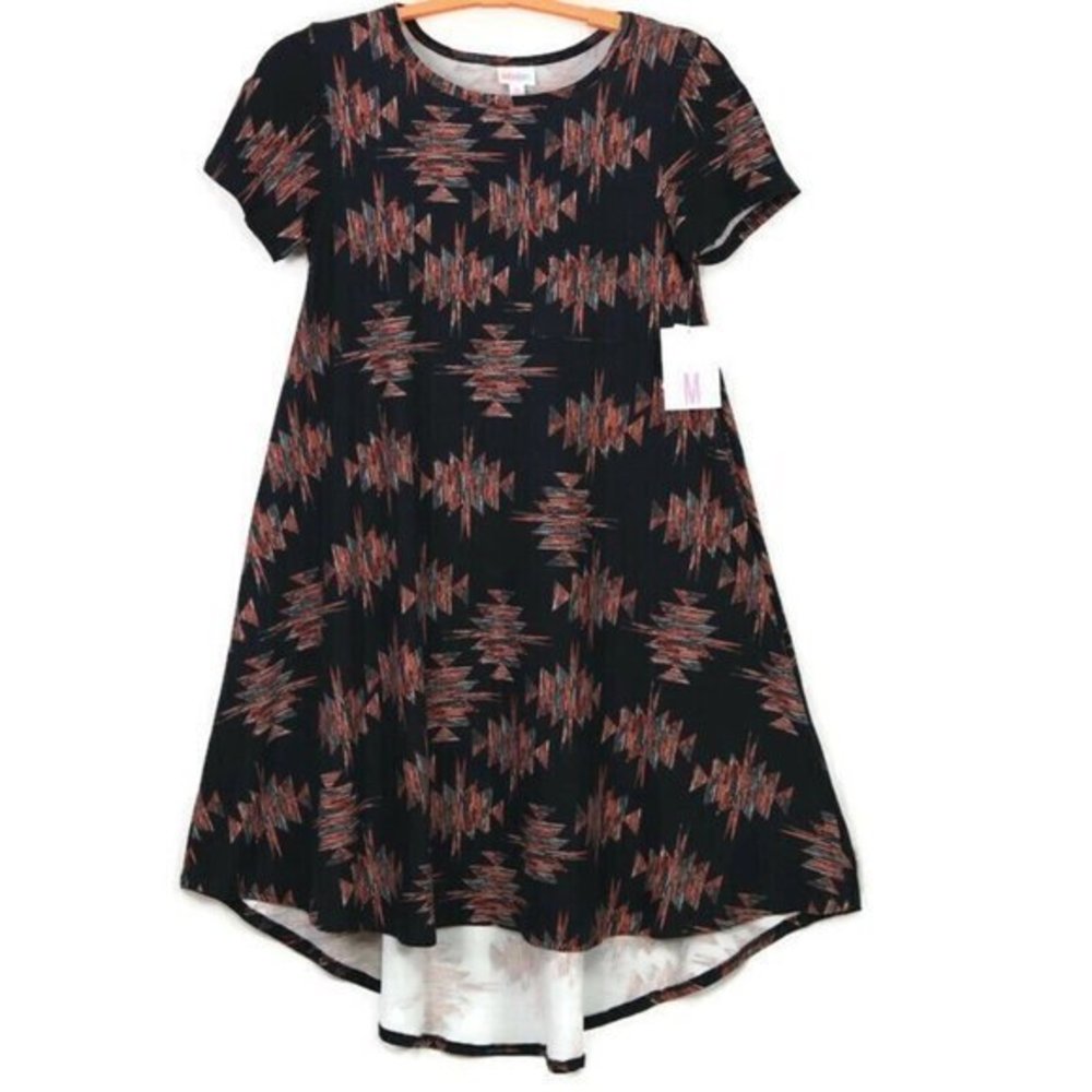 LuLaRoe Carly High Low Swing Dress Black Orange Green Aztec Southwestern Medium‎